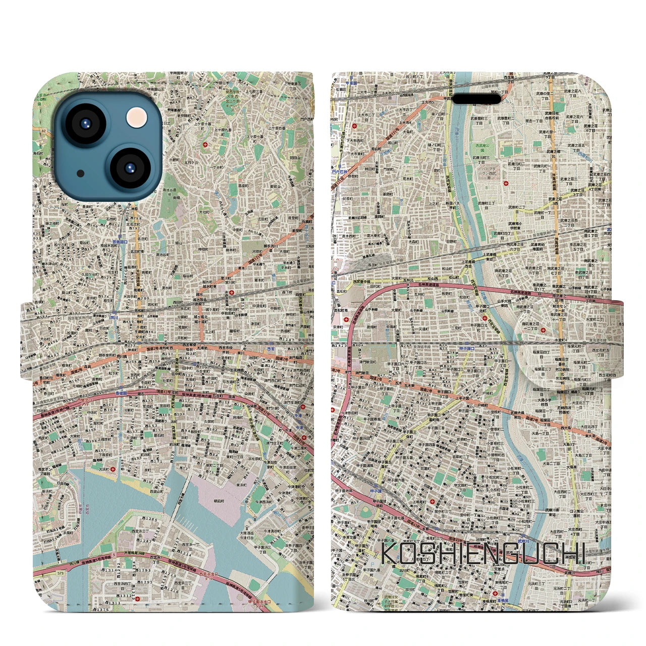 【甲子園口（兵庫県）】地図柄iPhoneケース（手帳タイプ）