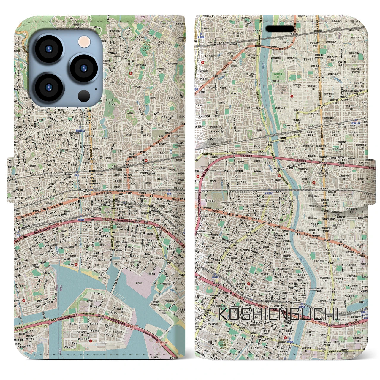 【甲子園口（兵庫県）】地図柄iPhoneケース（手帳タイプ）