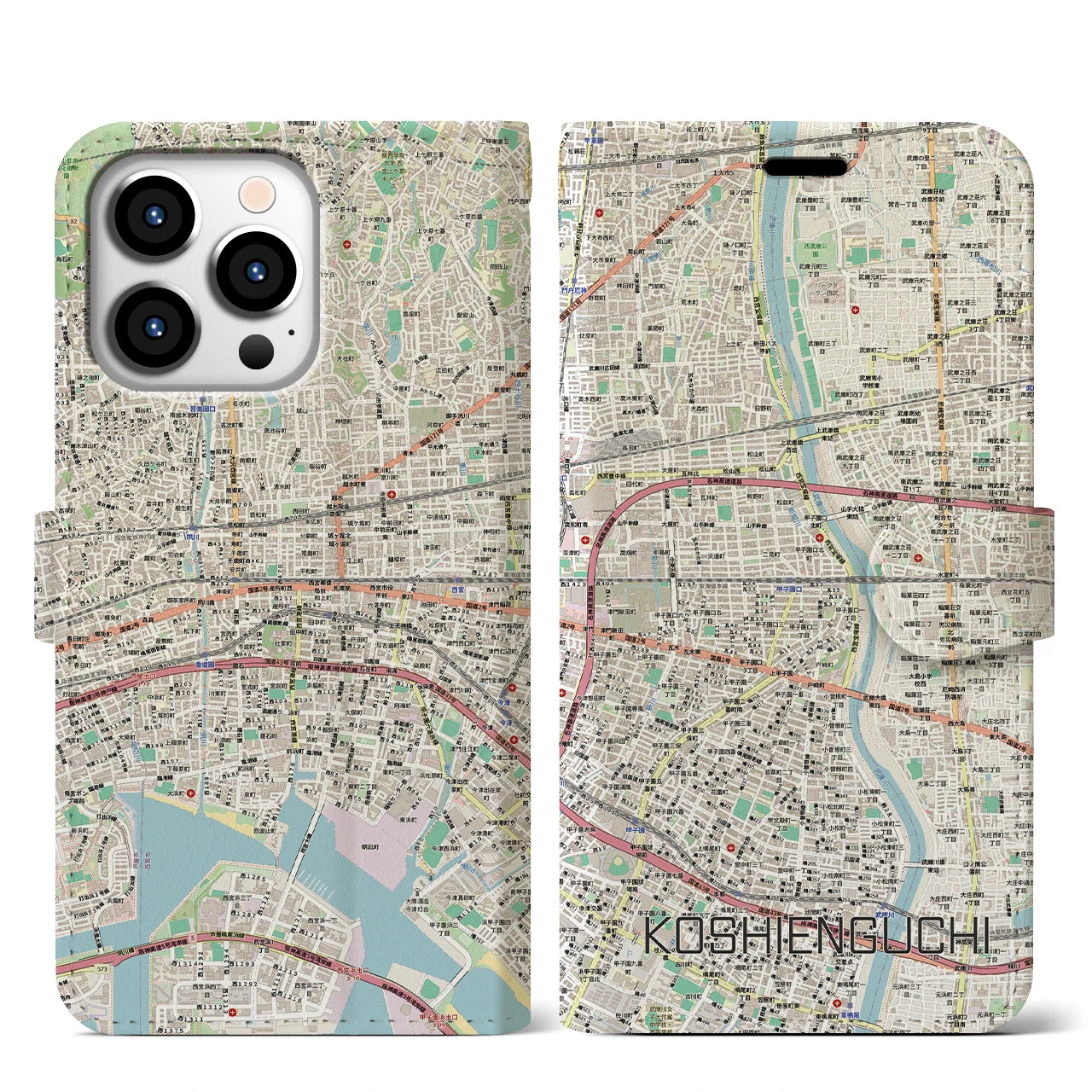 【甲子園口（兵庫県）】地図柄iPhoneケース（手帳タイプ）
