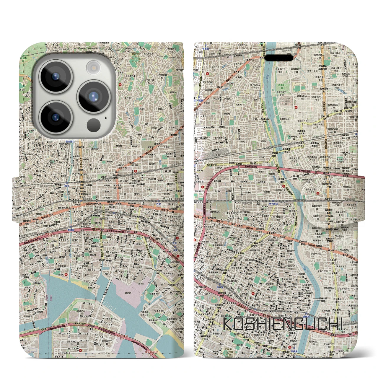 【甲子園口（兵庫県）】地図柄iPhoneケース（手帳タイプ）