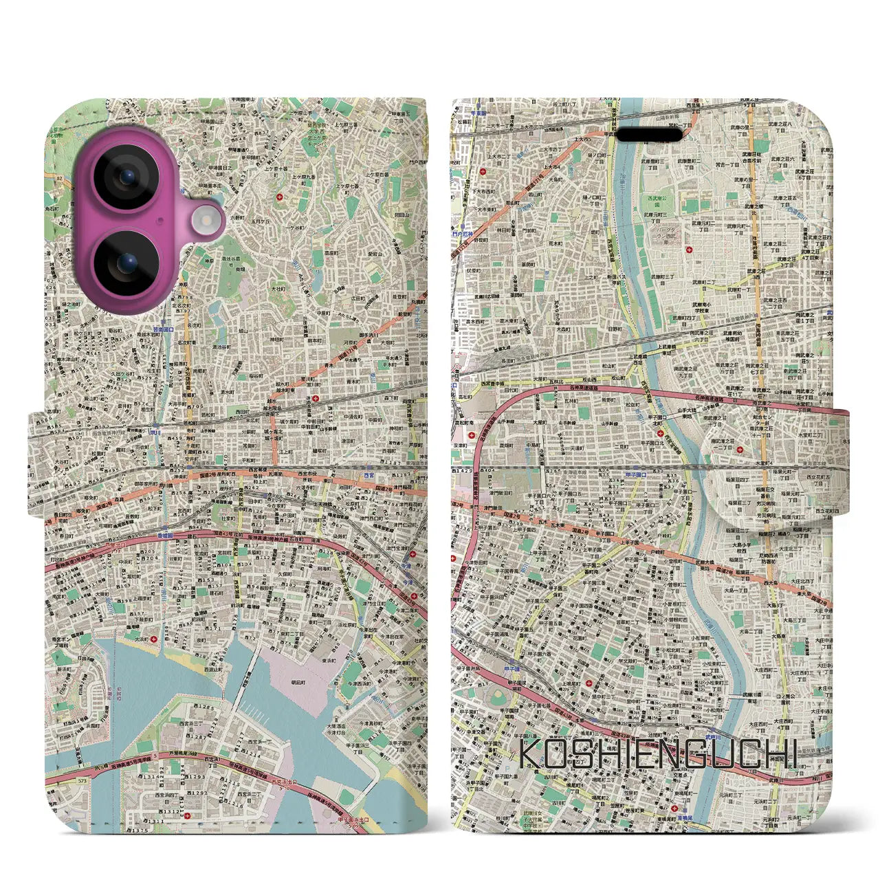 【甲子園口（兵庫県）】地図柄iPhoneケース（手帳タイプ）