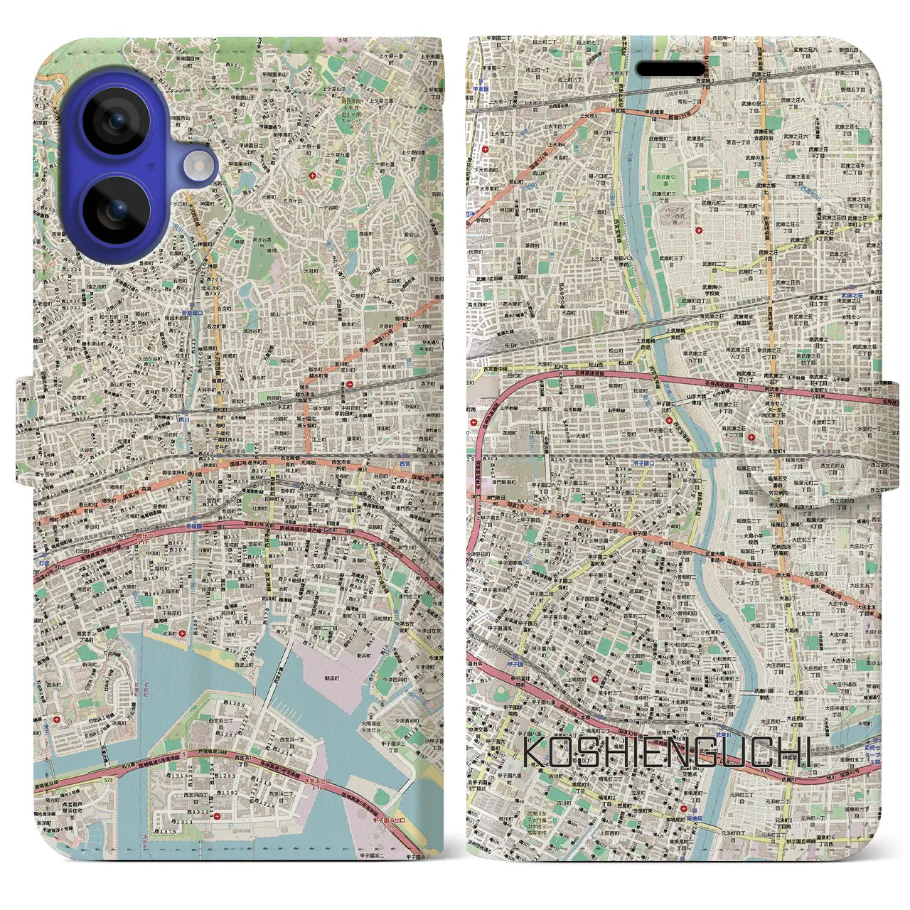 【甲子園口（兵庫県）】地図柄iPhoneケース（手帳タイプ）