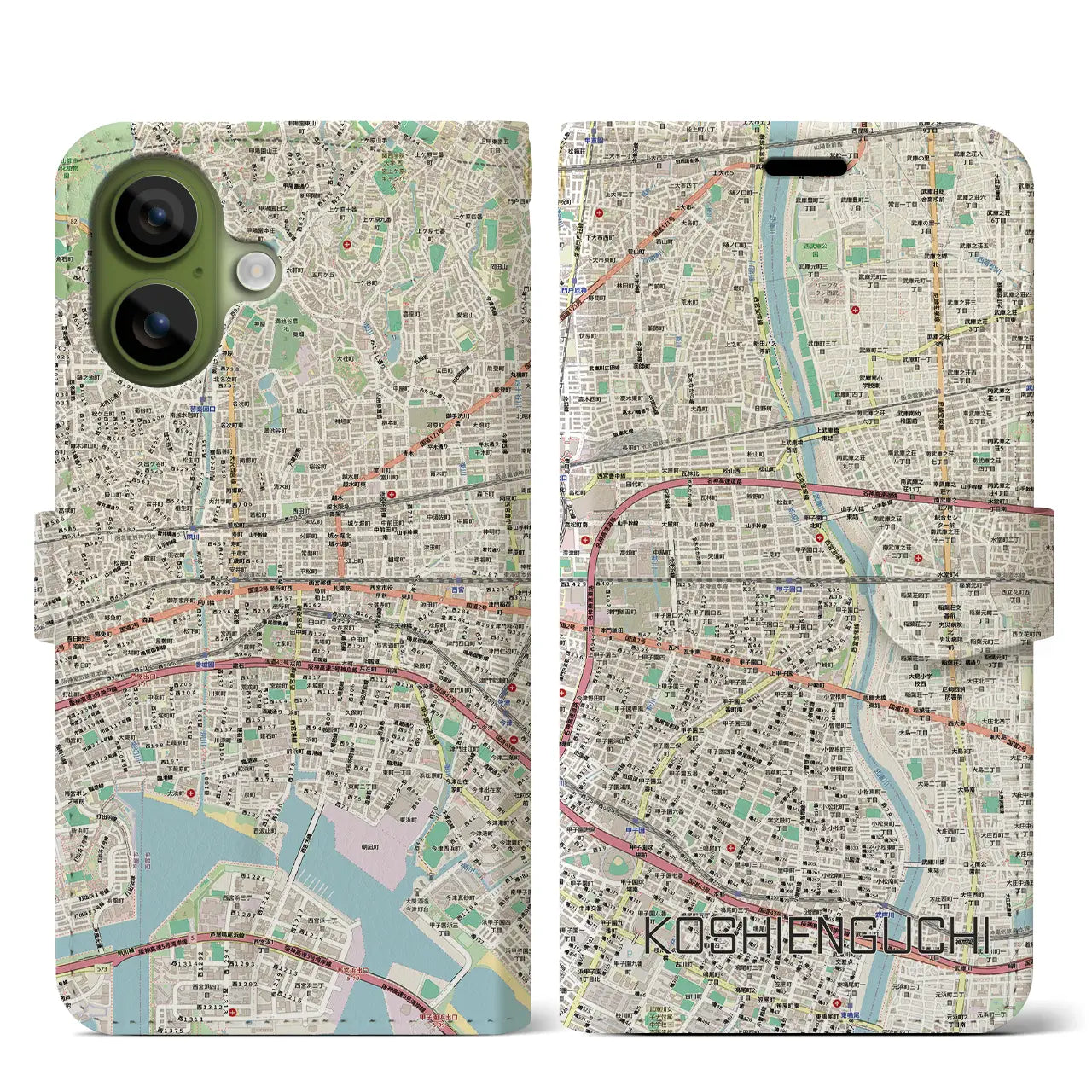【甲子園口（兵庫県）】地図柄iPhoneケース（手帳タイプ）モノトーン・iPhone 17 Pro Max 用