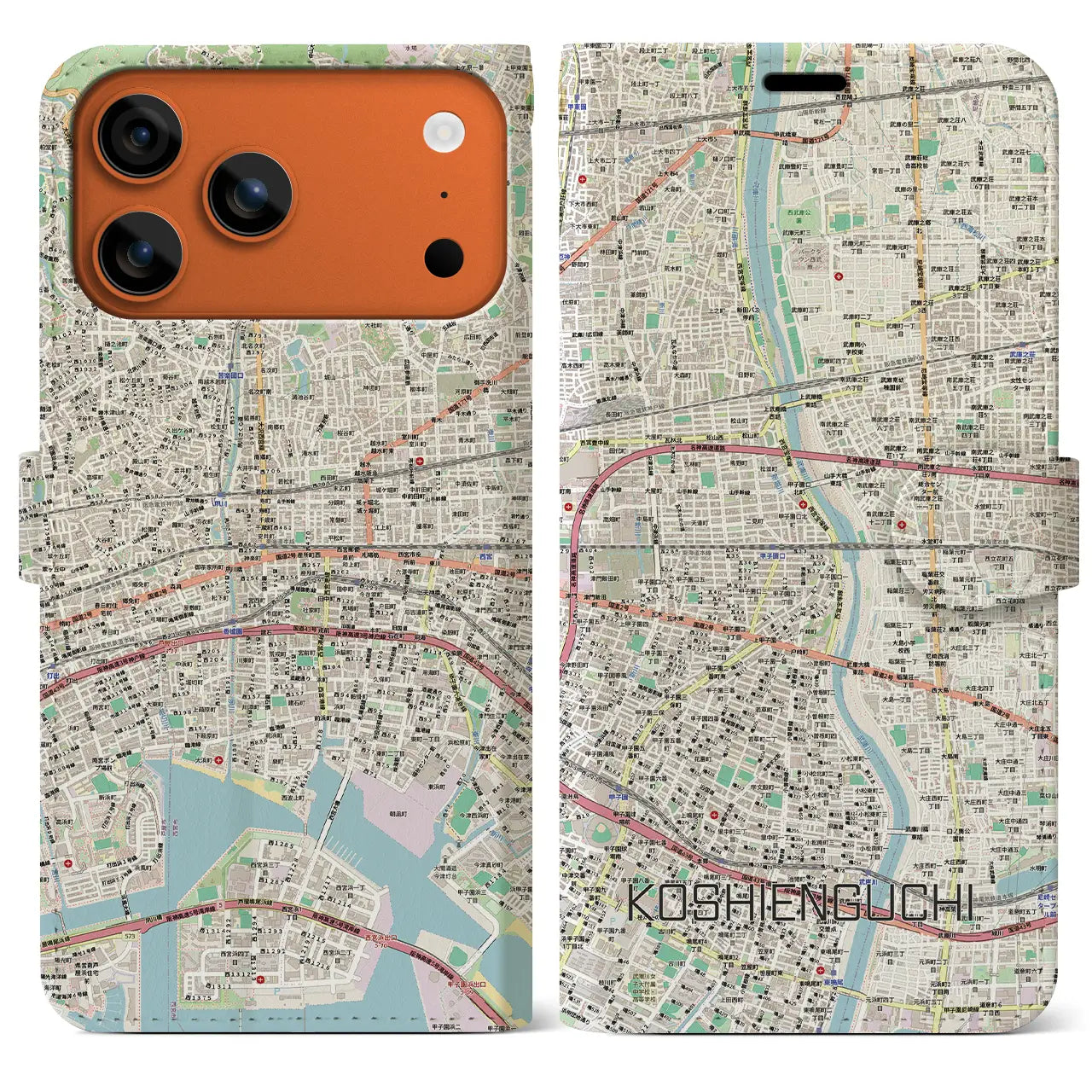 【甲子園口（兵庫県）】地図柄iPhoneケース（手帳タイプ）ナチュラル・iPhone 17 Pro Max 用
