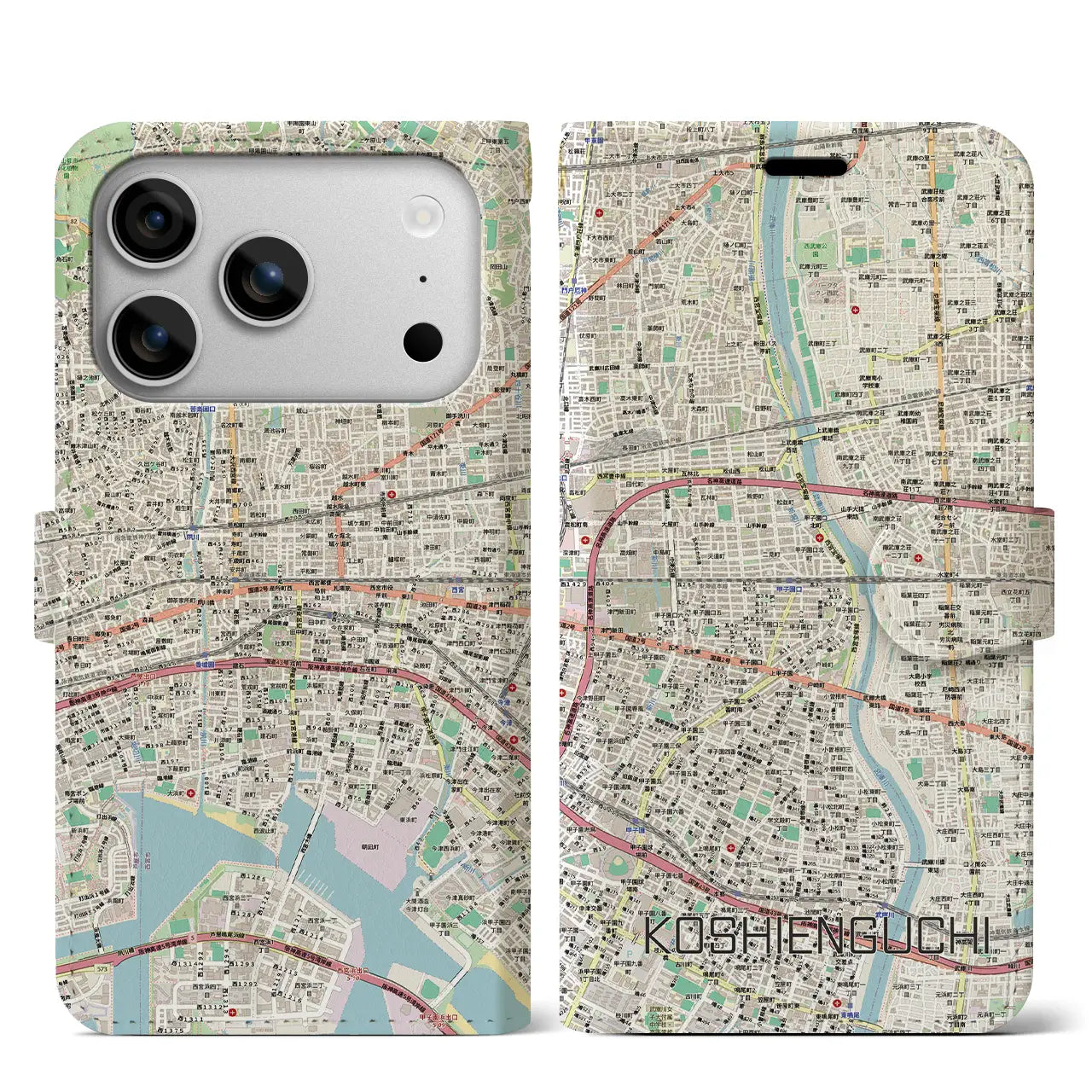 【甲子園口（兵庫県）】地図柄iPhoneケース（手帳タイプ）