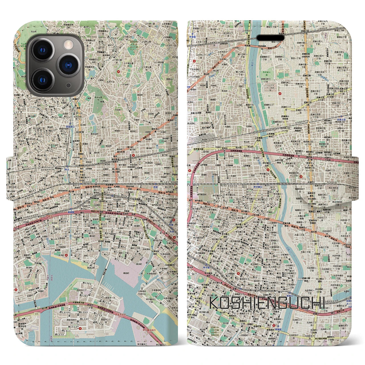 【甲子園口（兵庫県）】地図柄iPhoneケース（手帳タイプ）