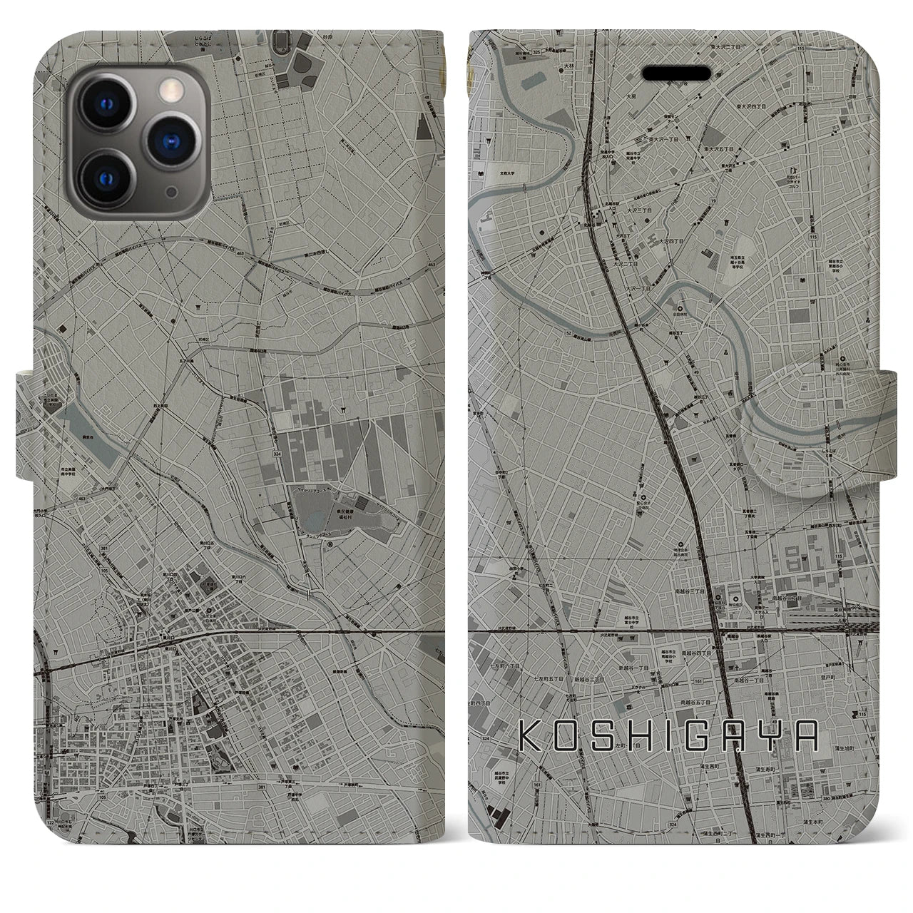 【越谷】地図柄iPhoneケース（手帳両面タイプ・モノトーン）iPhone 11 Pro Max 用