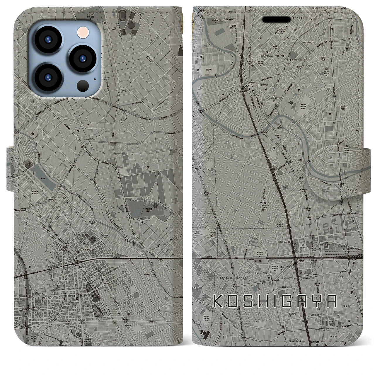 【越谷】地図柄iPhoneケース（手帳両面タイプ・モノトーン）iPhone 13 Pro Max 用