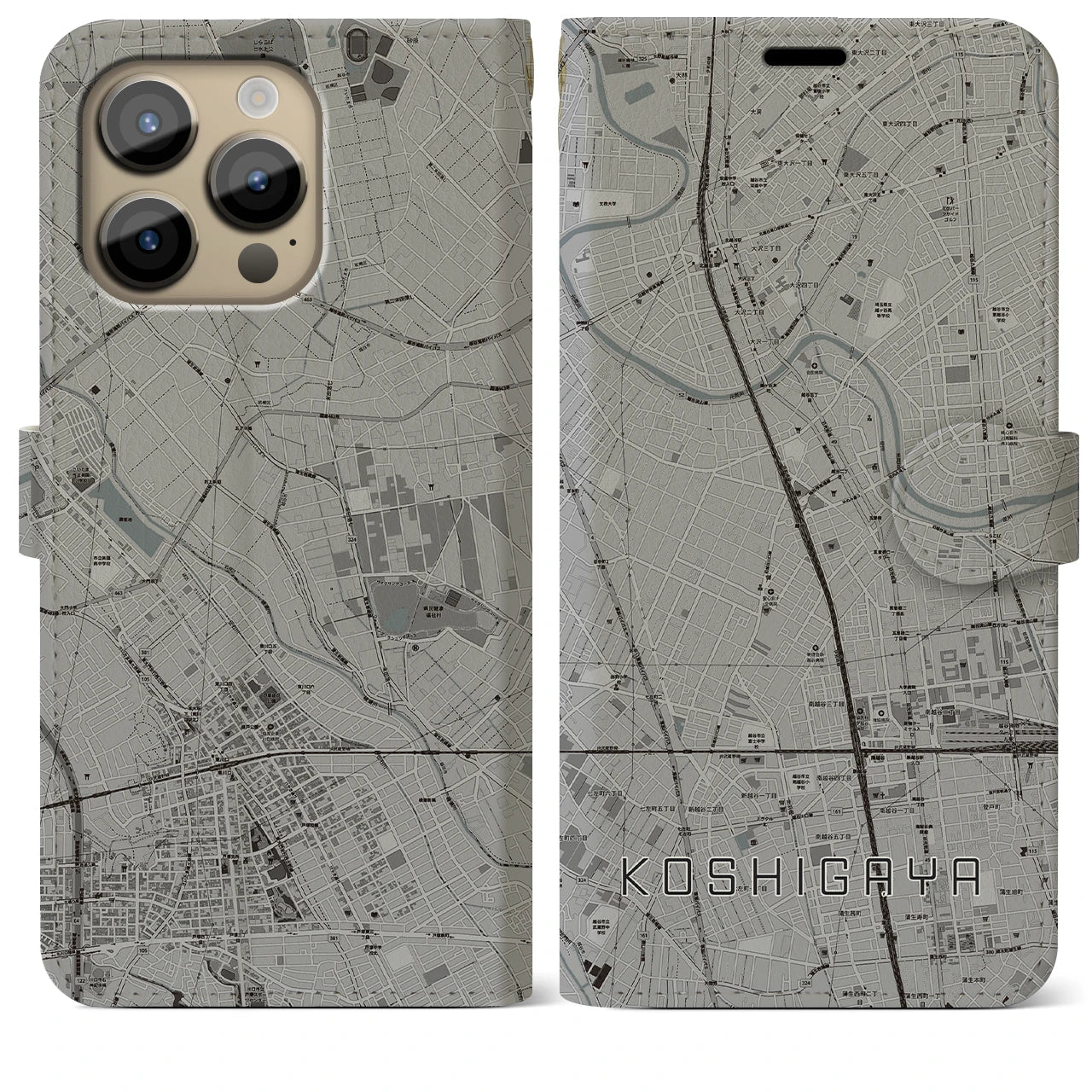【越谷】地図柄iPhoneケース（手帳両面タイプ・モノトーン）iPhone 14 Pro Max 用