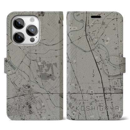 【越谷（埼玉県）】地図柄iPhoneケース（手帳タイプ）モノトーン・iPhone 14 Pro 用