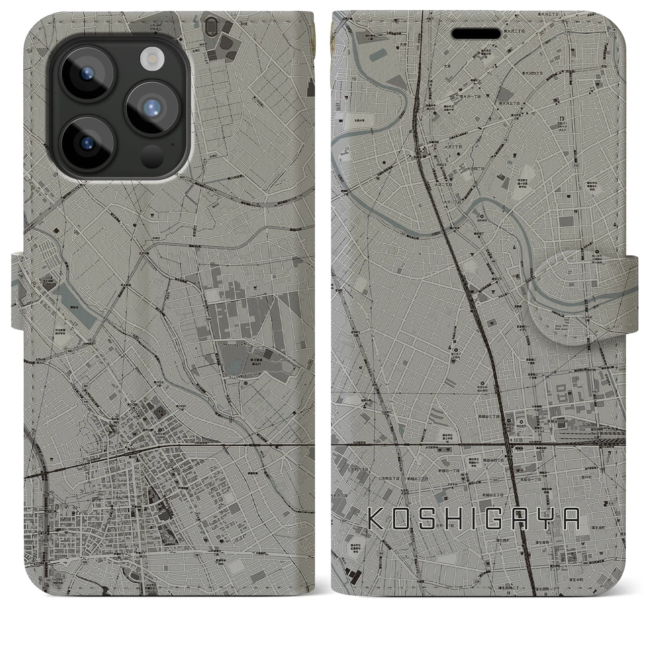 【越谷】地図柄iPhoneケース（手帳両面タイプ・モノトーン）iPhone 15 Pro Max 用