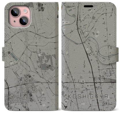【越谷（埼玉県）】地図柄iPhoneケース（手帳タイプ）モノトーン・iPhone 15 Plus 用