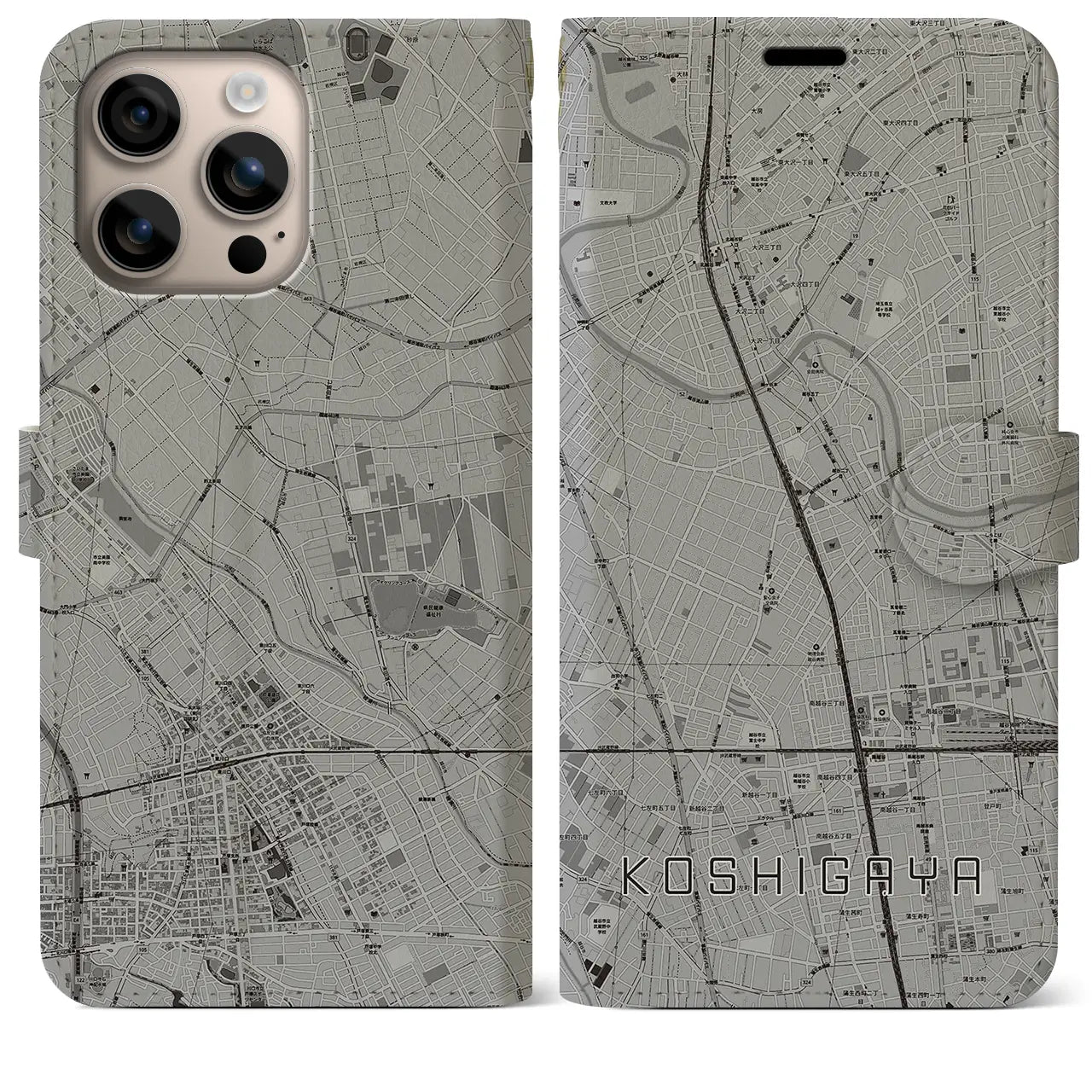 【越谷（埼玉県）】地図柄iPhoneケース（手帳タイプ）モノトーン・iPhone 16 Plus 用