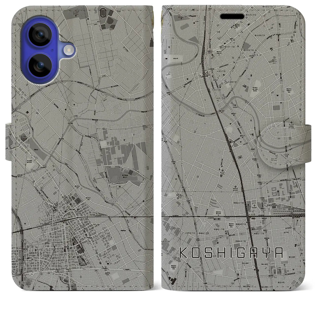 【越谷(埼玉県)】地図柄iPhoneケース(手帳タイプ)モノトーン・iPhone 16 Pro Max 用