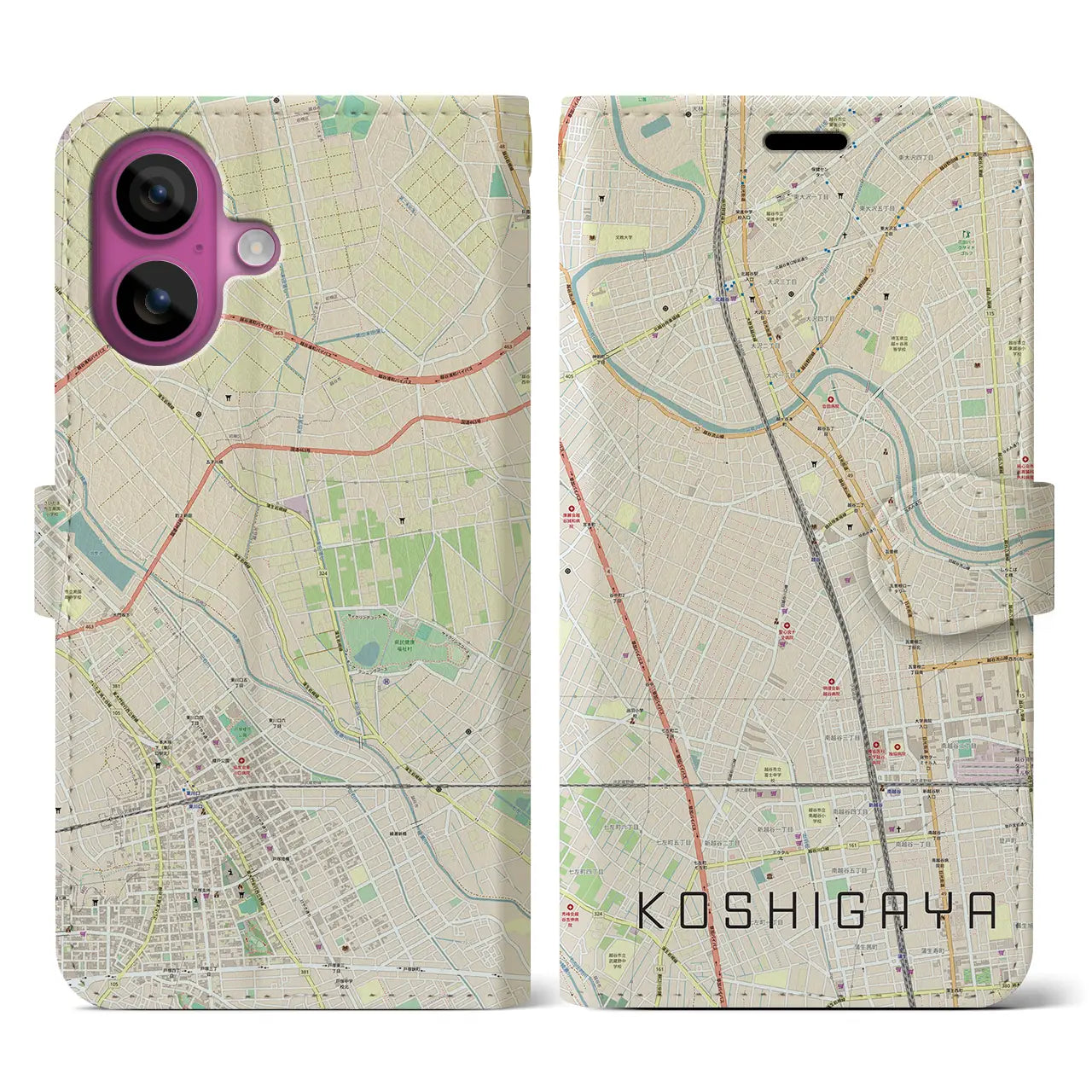 【越谷（埼玉県）】地図柄iPhoneケース（手帳タイプ）ナチュラル・iPhone 16 Pro 用