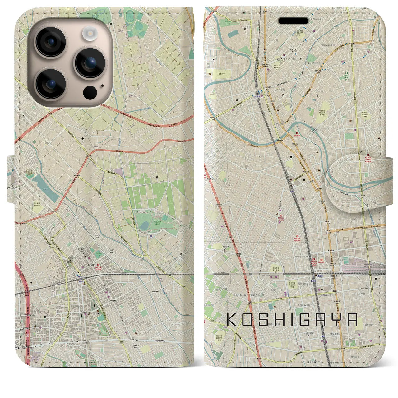 【越谷（埼玉県）】地図柄iPhoneケース（手帳タイプ）ナチュラル・iPhone 16 Plus 用