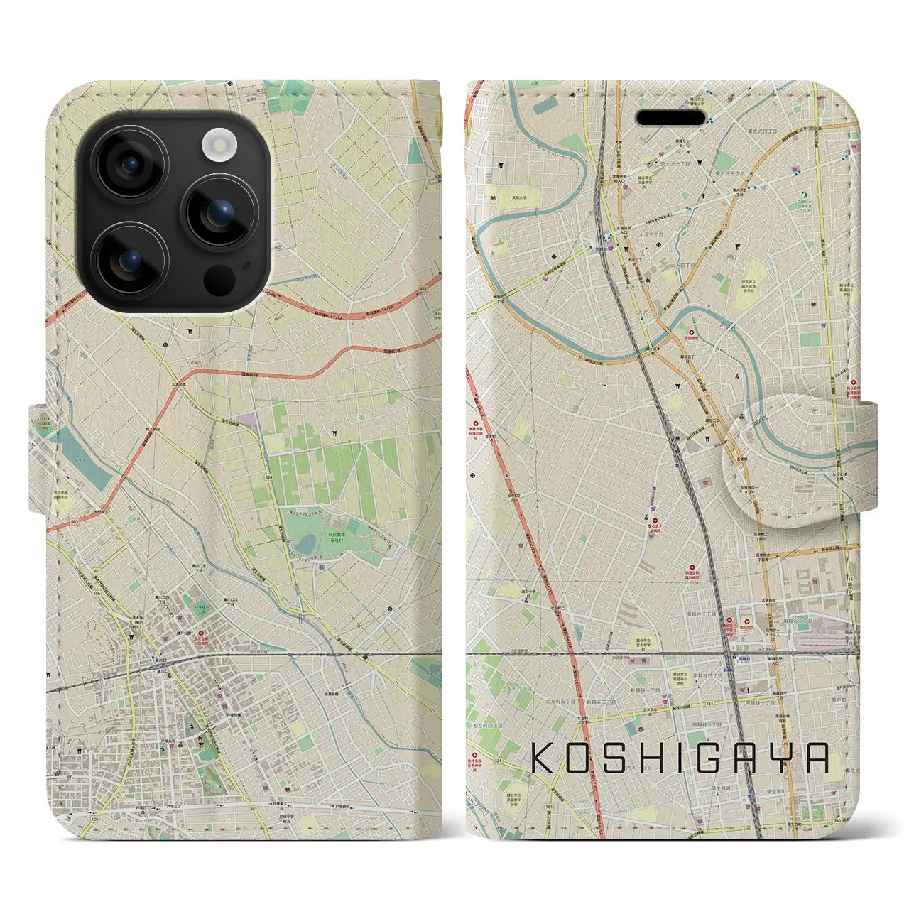 【越谷（埼玉県）】地図柄iPhoneケース（手帳タイプ）ナチュラル・iPhone 16 用