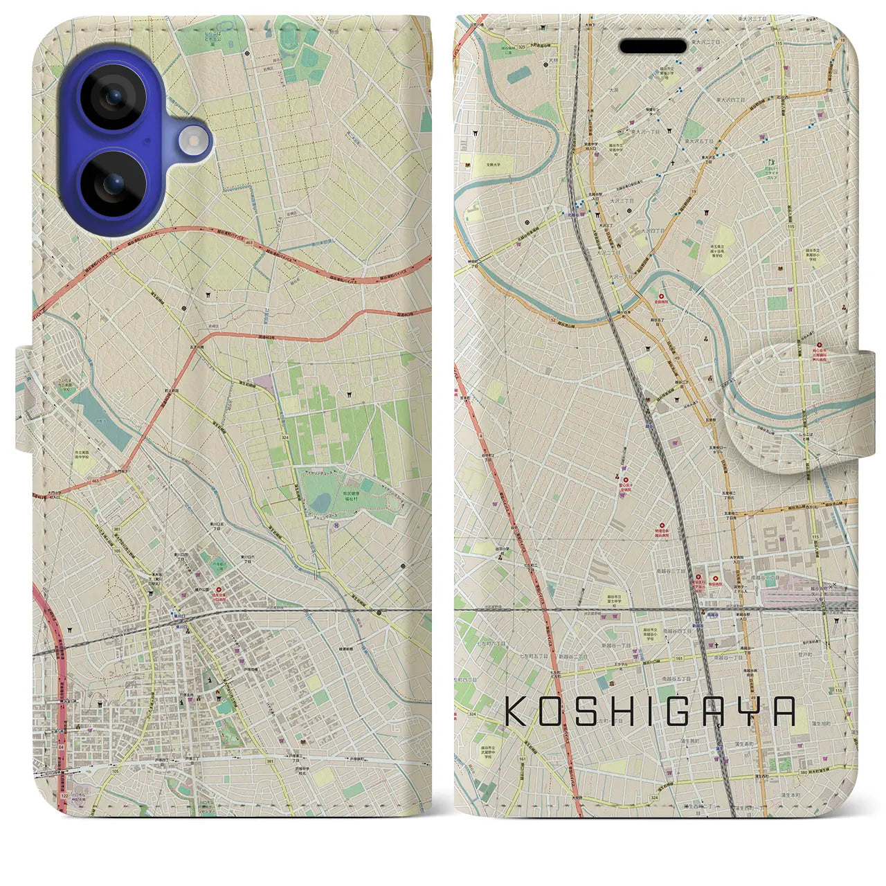 【越谷（埼玉県）】地図柄iPhoneケース（手帳タイプ）ナチュラル・iPhone 16 Pro Max 用