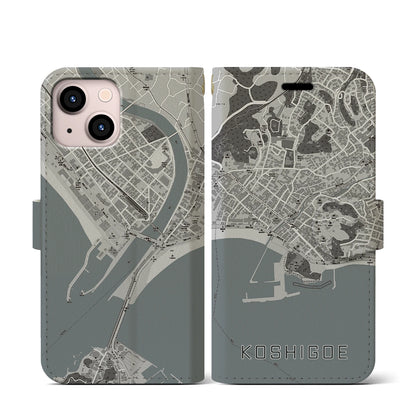 【腰越（神奈川県）】地図柄iPhoneケース（手帳タイプ）モノトーン・iPhone 13 mini 用