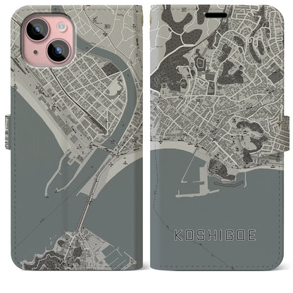 【腰越（神奈川県）】地図柄iPhoneケース（手帳タイプ）モノトーン・iPhone 15 Plus 用