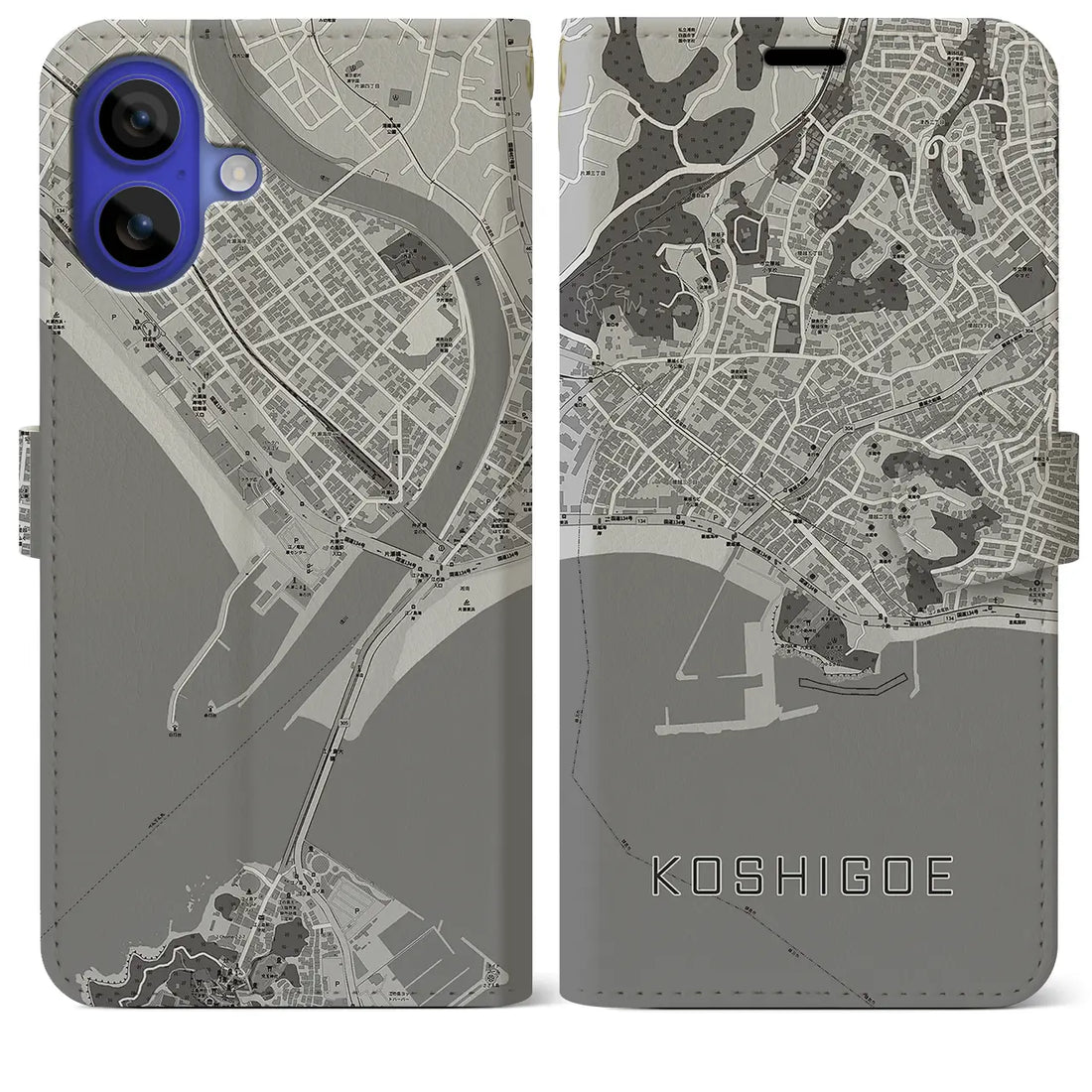 【腰越(神奈川県)】地図柄iPhoneケース(手帳タイプ)モノトーン・iPhone 16 Pro Max 用