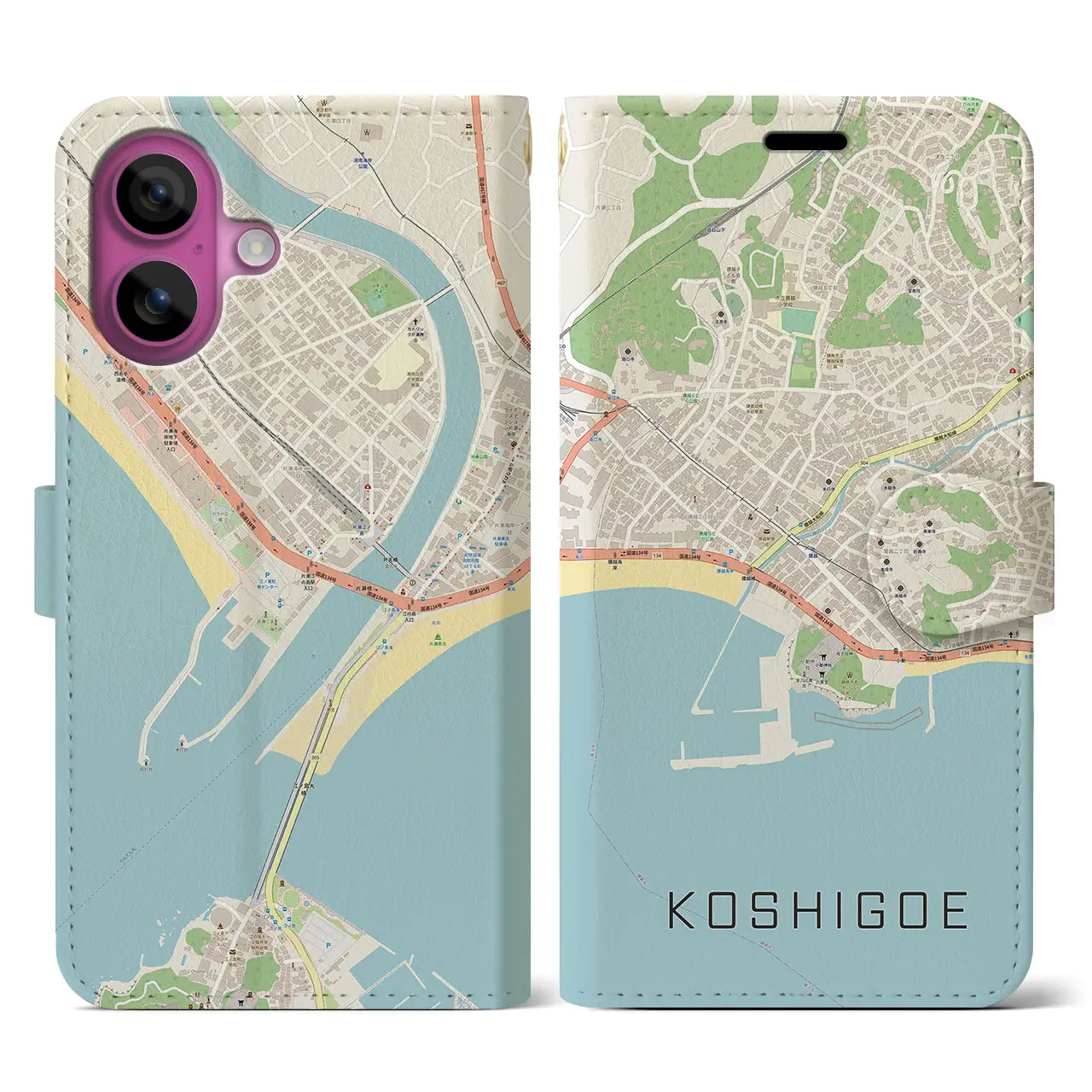 【腰越（神奈川県）】地図柄iPhoneケース（手帳タイプ）ナチュラル・iPhone 16 Pro 用