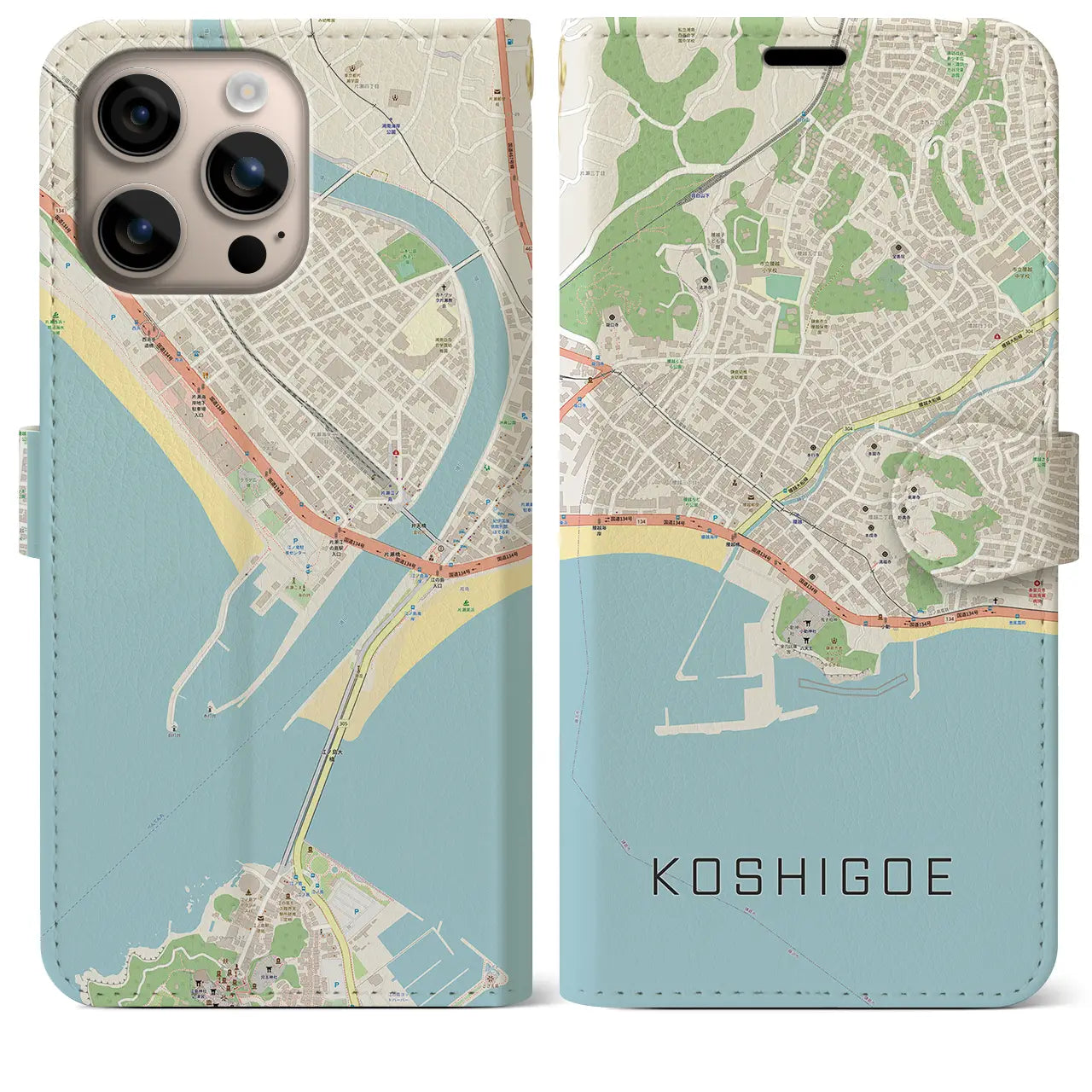 【腰越（神奈川県）】地図柄iPhoneケース（手帳タイプ）ナチュラル・iPhone 16 Plus 用