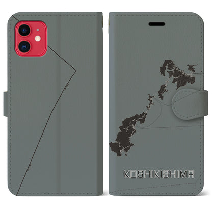【甑島（鹿児島県）】地図柄iPhoneケース（手帳タイプ）モノトーン・iPhone 11 用