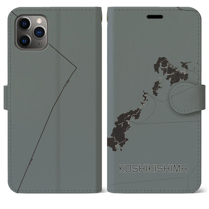 【甑島（鹿児島県）】地図柄iPhoneケース（手帳タイプ）モノトーン・iPhone 11 Pro Max 用