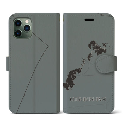 【甑島（鹿児島県）】地図柄iPhoneケース（手帳タイプ）モノトーン・iPhone 11 Pro 用