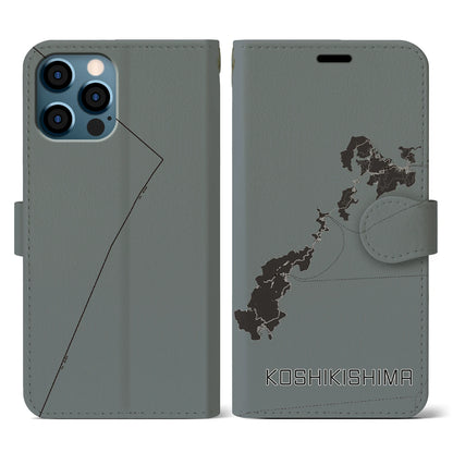 【甑島（鹿児島県）】地図柄iPhoneケース（手帳タイプ）モノトーン・iPhone 12 / 12 Pro 用