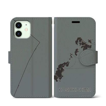 【甑島（鹿児島県）】地図柄iPhoneケース（手帳タイプ）モノトーン・iPhone 12 mini 用