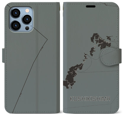 【甑島（鹿児島県）】地図柄iPhoneケース（手帳タイプ）モノトーン・iPhone 13 Pro Max 用