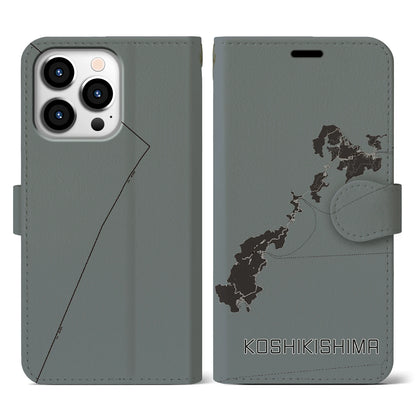 【甑島（鹿児島県）】地図柄iPhoneケース（手帳タイプ）モノトーン・iPhone 13 Pro 用