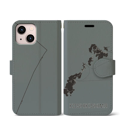 【甑島（鹿児島県）】地図柄iPhoneケース（手帳タイプ）モノトーン・iPhone 13 mini 用