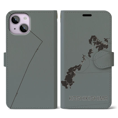 【甑島（鹿児島県）】地図柄iPhoneケース（手帳タイプ）モノトーン・iPhone 14 用