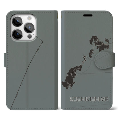【甑島（鹿児島県）】地図柄iPhoneケース（手帳タイプ）モノトーン・iPhone 14 Pro 用