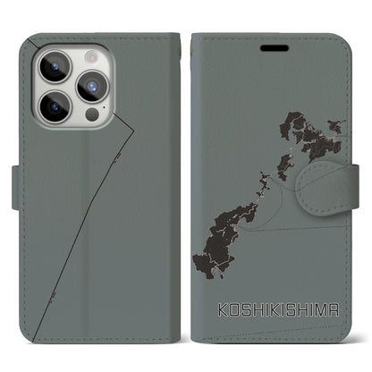 【甑島（鹿児島県）】地図柄iPhoneケース（手帳タイプ）モノトーン・iPhone 15 Pro 用