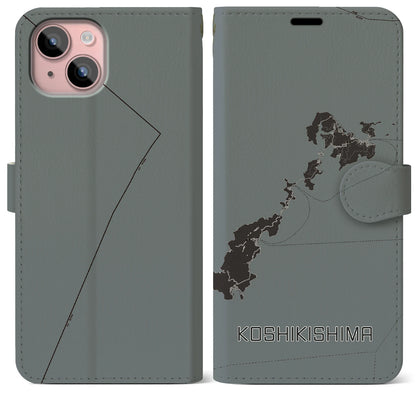 【甑島（鹿児島県）】地図柄iPhoneケース（手帳タイプ）モノトーン・iPhone 15 Plus 用