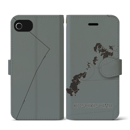 【甑島（鹿児島県）】地図柄iPhoneケース（手帳タイプ）モノトーン・iPhone SE（第3 / 第2世代） / 8 / 7 / 6s / 6 用