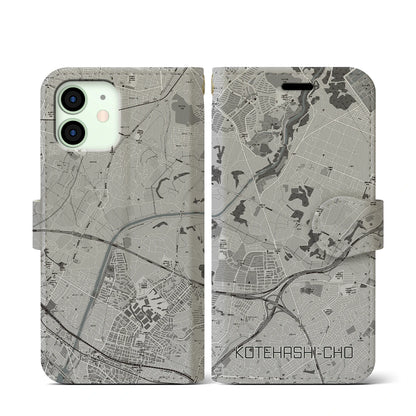 【犢橋町（千葉県）】地図柄iPhoneケース（手帳タイプ）モノトーン・iPhone 12 mini 用