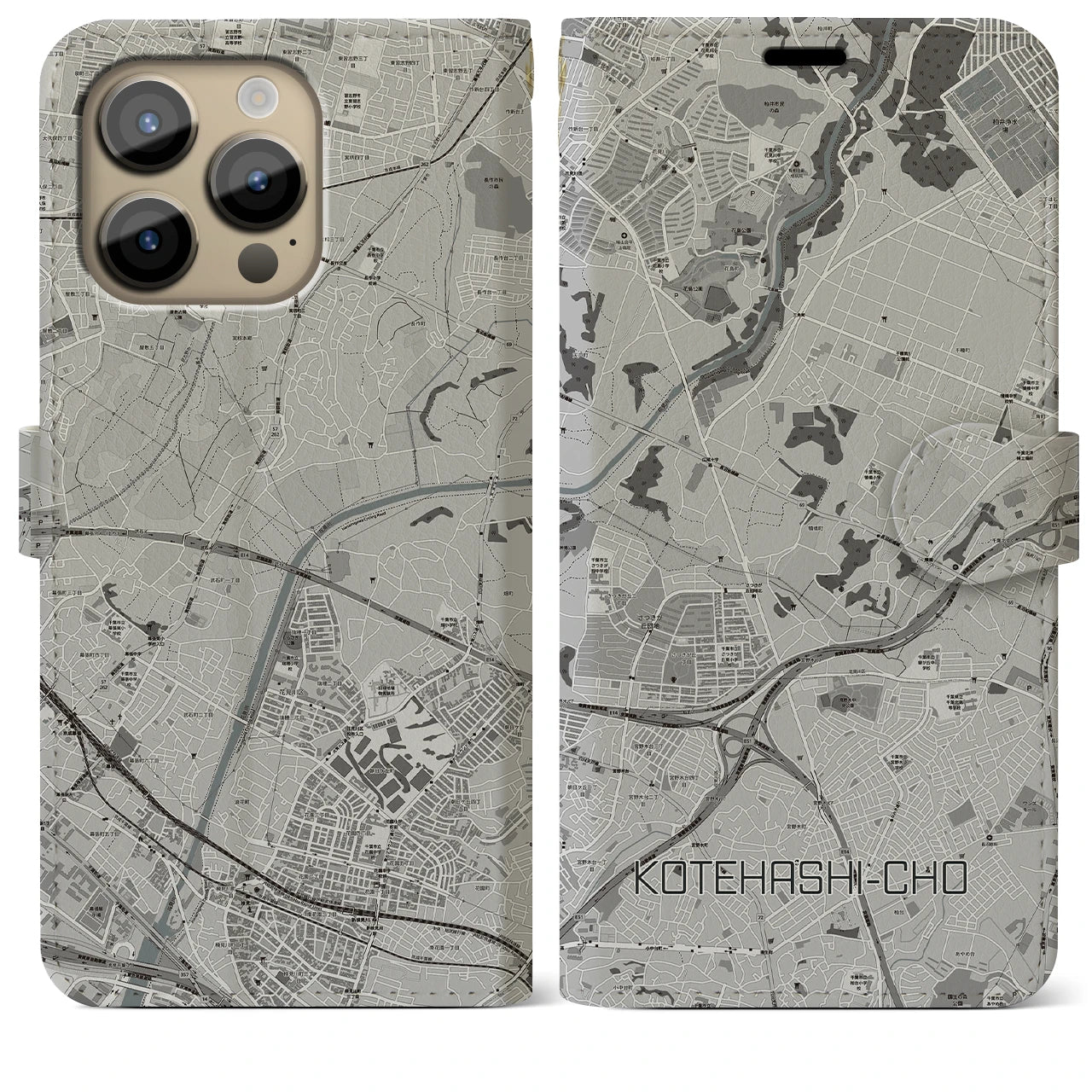 【犢橋町】地図柄iPhoneケース（手帳両面タイプ・モノトーン）iPhone 14 Pro Max 用