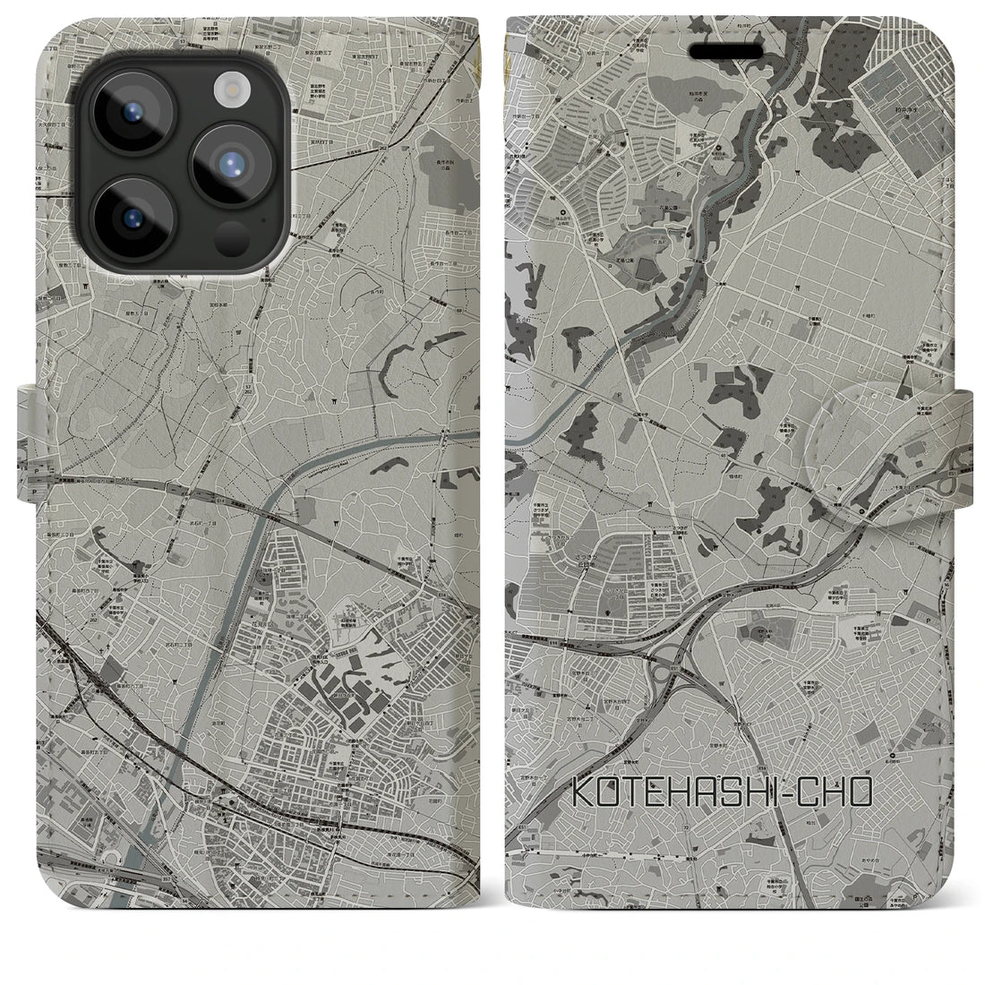 【犢橋町】地図柄iPhoneケース（手帳両面タイプ・モノトーン）iPhone 15 Pro Max 用