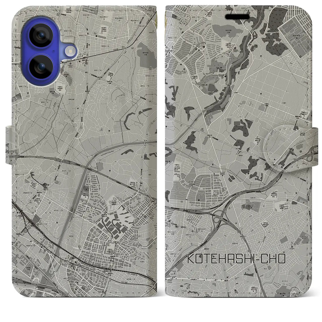 【犢橋町(千葉県)】地図柄iPhoneケース(手帳タイプ)モノトーン・iPhone 16 Pro Max 用