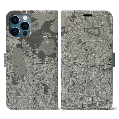 【甲東園（兵庫県）】地図柄iPhoneケース（手帳タイプ）モノトーン・iPhone 12 / 12 Pro 用