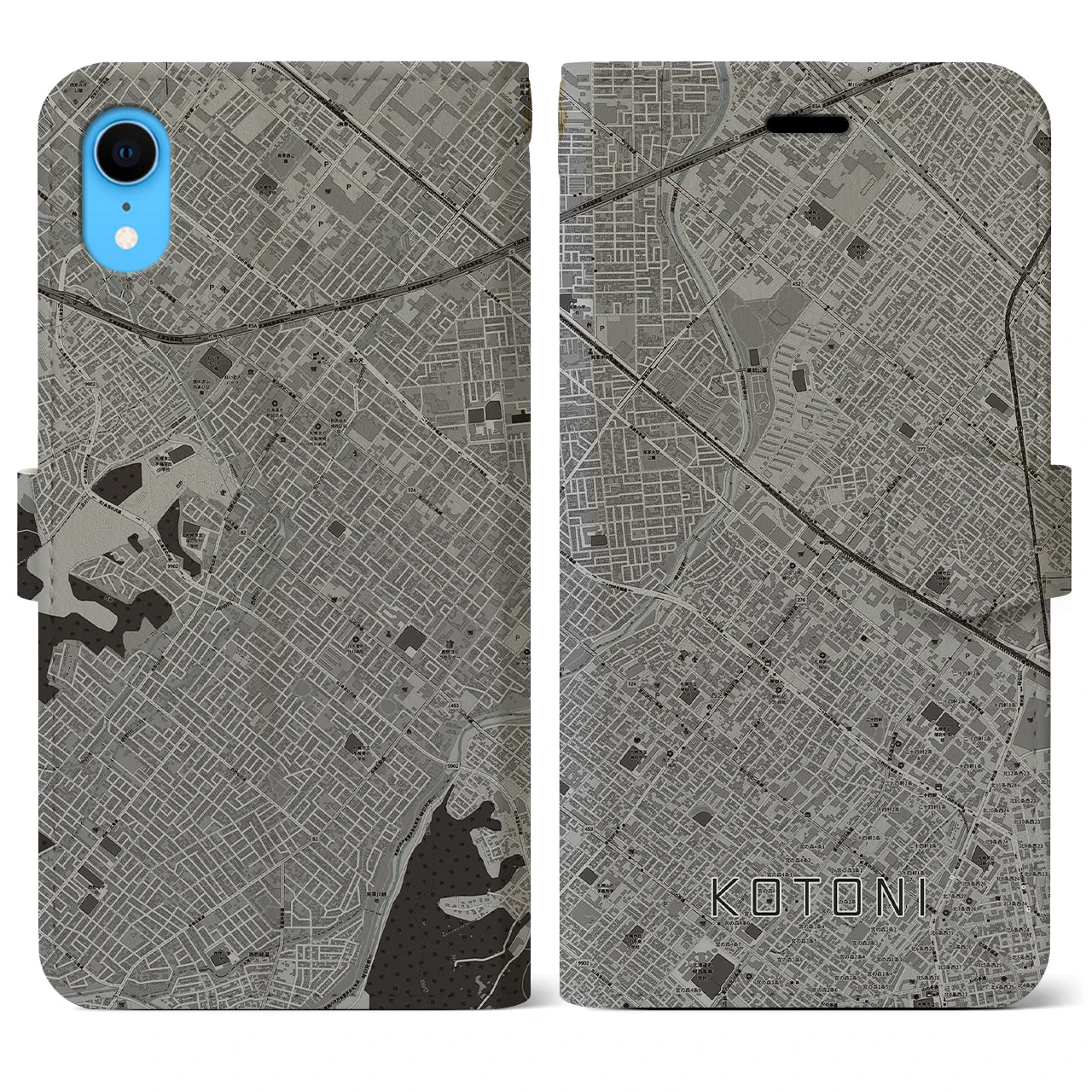 【琴似】地図柄iPhoneケース（手帳両面タイプ・モノトーン）iPhone XR 用