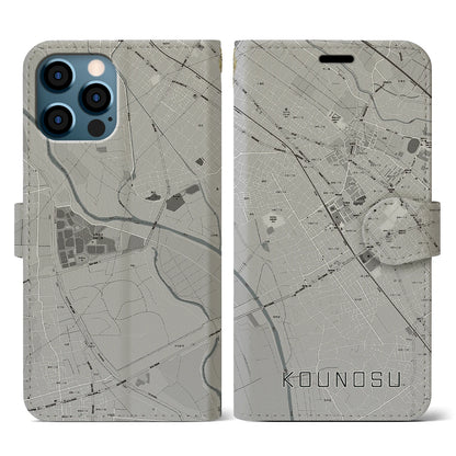 【鴻巣（埼玉県）】地図柄iPhoneケース（手帳タイプ）モノトーン・iPhone 12 / 12 Pro 用