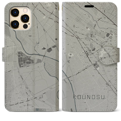 【鴻巣（埼玉県）】地図柄iPhoneケース（手帳タイプ）モノトーン・iPhone 12 Pro Max 用