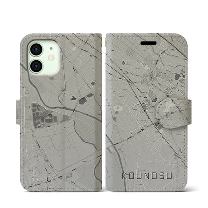 【鴻巣（埼玉県）】地図柄iPhoneケース（手帳タイプ）モノトーン・iPhone 12 mini 用