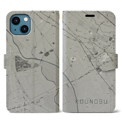 【鴻巣（埼玉県）】地図柄iPhoneケース（手帳タイプ）モノトーン・iPhone 13 用